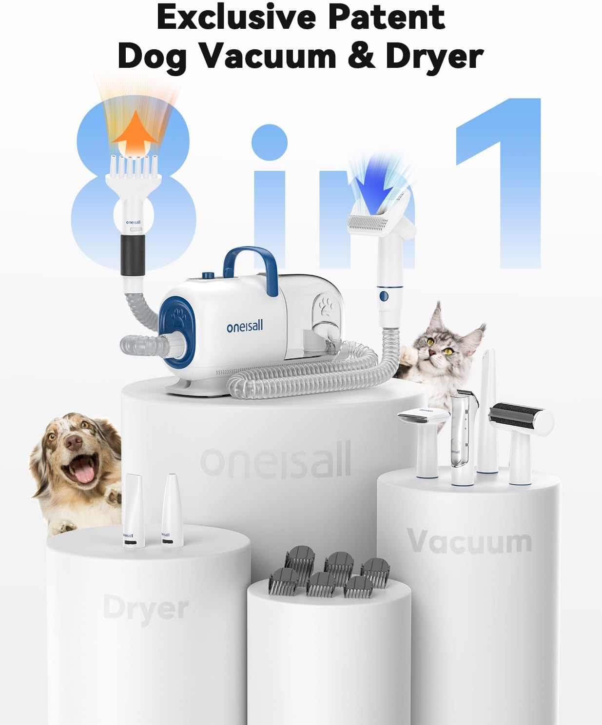 oneisall Dog Vacuum & Dryer for Shedding Grooming, 8 in 1 Dog Grooming Kit with Metal Blades Pet Clippers, Adjustable Speed and Temperature Control Dog Blower