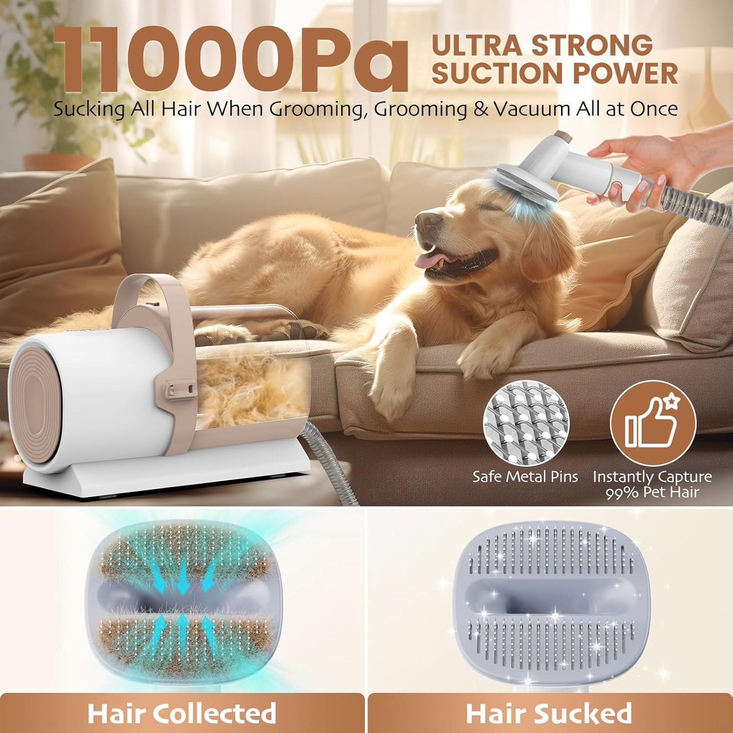 Dog Grooming Vacuum & Dog Hair Vacuum, 11000Pa Suction Power Dog Vacuum for Shedding Grooming, Pet Vacuum Grooming Kit with 4 Grooming Tools, Low Noise, 2.5L, Perfect for Pet Hair Grooming, PG50