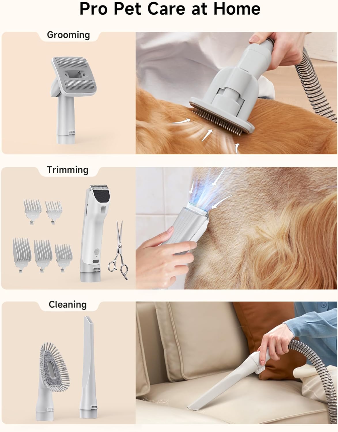 Hicozy S1+ Dog Grooming Vacuum, 12000Pa Minimum 50dB Quiet Dog Vacuum for Shedding Grooming with 2L Dust Cup, 6 Professional Dog Grooming Kit for Dogs Cats, Gray